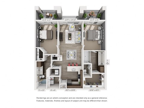 Floor plan for 2 beds, 2 baths, 1329 sqft